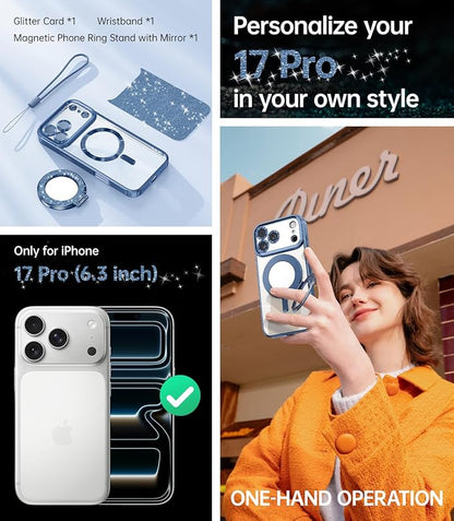 Meifigno Case Designed for iPhone 17 Pro 6.3 Inch with Removable Phone Ring Stand, [Glitter Card & Wrist Strap] [MagSafe Compatible] [Built-in Mirror] Phone Ring Stand + Phone Case Kit, Blue