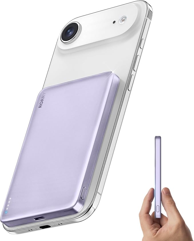 RORRY for Magsafe Portable Charger, 5000mAh Magnetic Power Bank, Violet | 0.3" Ultra Slim, 18W Wireless Fast Charging, Alloy-Made, Battery Pack for iPhone 17/16/15 Plus Pro Max