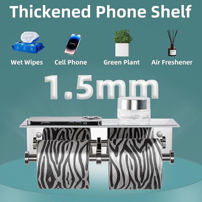 Double Toilet Paper Holder with Shelf Polished Chrome, APLusee SUS304 Stainless Steel Contemporary Bathroom Tissue Roll Holder Cell Phone Storage Rack