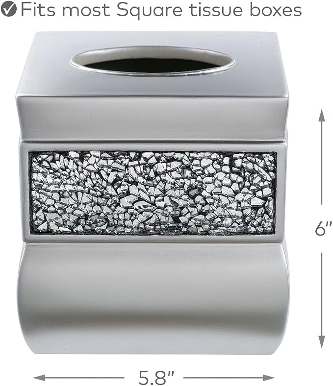 Creative Scents Crackled Glass Silver Tissue Box Cover Square - Decorative Tissue Box Holder - Tissue Holder Vessel for Bathroom with Durable Bottom Slider, Elegant Home or Bathroom Decor