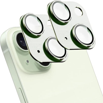 2 Pack Camera Lens Protector for iPhone 15/15 Plus,Metal AR Tempered Glass Rear Camera Screen Cover,Anti-Scratch,Strong Adsorption,Case Friendly, Easy to Install-Light Green
