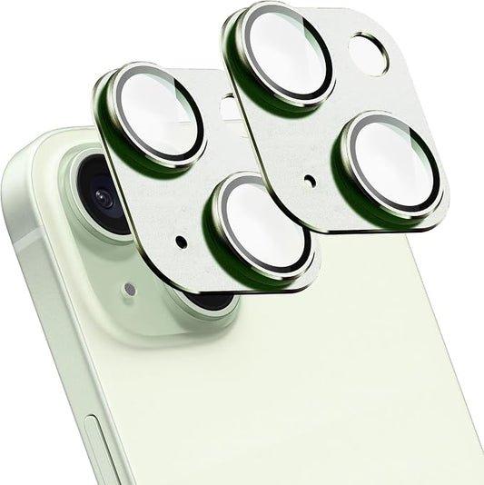 2 Pack Camera Lens Protector for iPhone 15/15 Plus,Metal AR Tempered Glass Rear Camera Screen Cover,Anti-Scratch,Strong Adsorption,Case Friendly, Easy to Install-Light Green