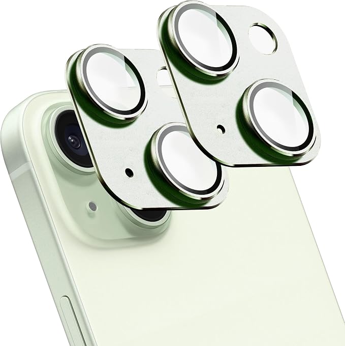 2 Pack Camera Lens Protector for iPhone 15/15 Plus,[Not Easy to Breakn ] AR Tempered Glass Strong Adsorption Metal Camera Cover Screen-Light Green