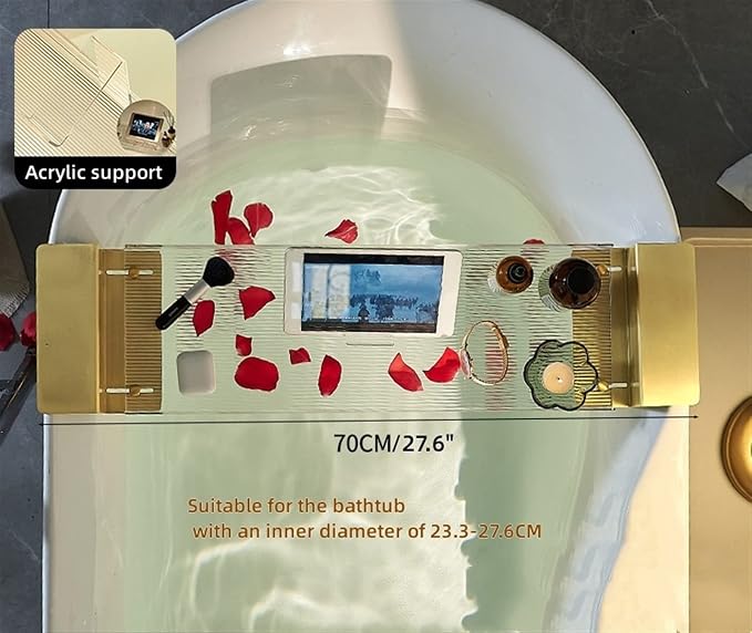 Acrylic Bathtub Tray Caddy with Non-Slip Base, Reading Rack, Tablet Holder, Cellphone Tray, Wine Glass Holder & Gold Brushed Handles (27.6" Retractable)