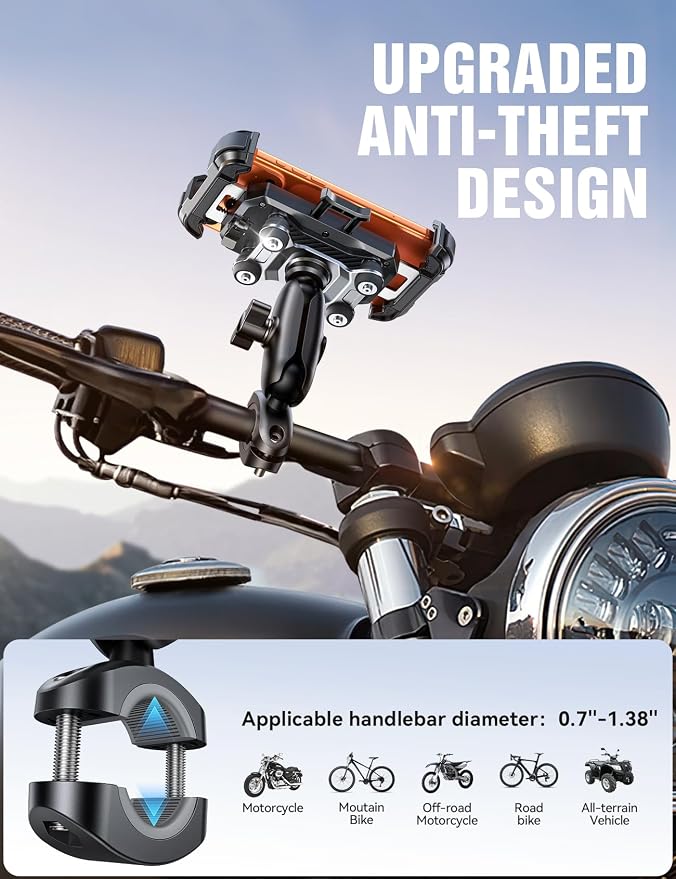 JOYROOM Motorcycle Phone Mount Holder - [Dual Vibration Dampener]150mph Anti-Shock Phone Holder for Motorcycle [Metal Extension Handlebar Clamp] Bicycle Bike Phone Holder Mount for 4.7-7" Cell Phones