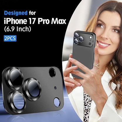 SiHPuoy 2 Pack Camera Lens Protector for iPhone 17 Pro Max Accessories, Metal Aluminum Alloy Tempered Glass Camera Protector, [Military Grade Shatterproof] [Case Friendly]-Black