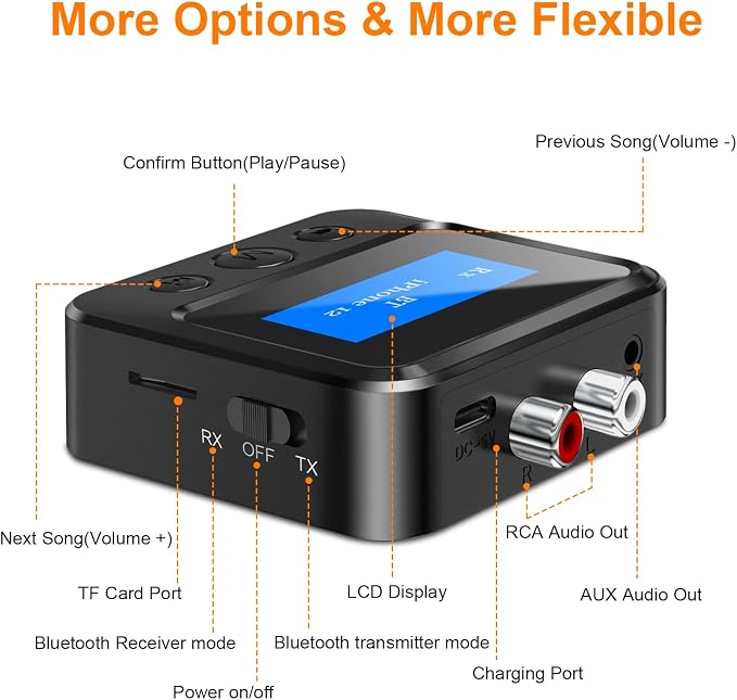 Bluetooth Transmitter Receiver for TV, Audio Adapter for Home Stereo with RCA 3.5mm AUX & Display, Bluetooth Transmitter for Headphones/Speakers/Airplane/Home Theater/PC/Car, TF Card Output