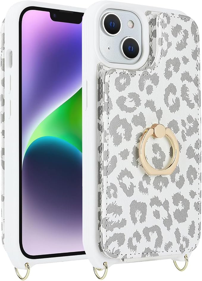 Lipvina for iPhone 14 Plus Case with Card Holder and Strap for Women,Crossbody Lanyard,RFID Blocking,Stand Ring Kickstand,Snap Clasp,Cute Phone Wallet Cases 6.7 inch(White Leopard)