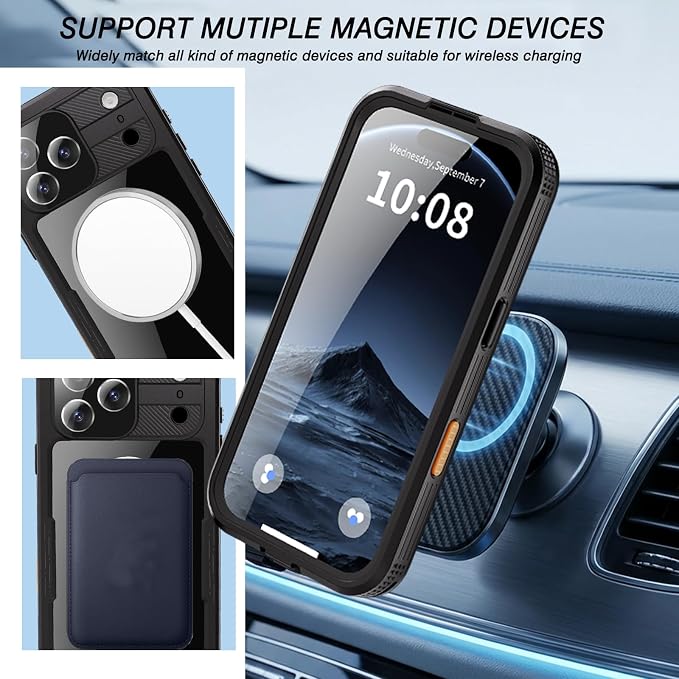 Magnetic for iPhone 17 Pro Max Case Waterproof, Full-Body Protection Case with Built-in Screen and Cameras Protector, Military Shockproof and Dustproof Phone Cover for iPhone 17 Pro Max (Black/Clear)
