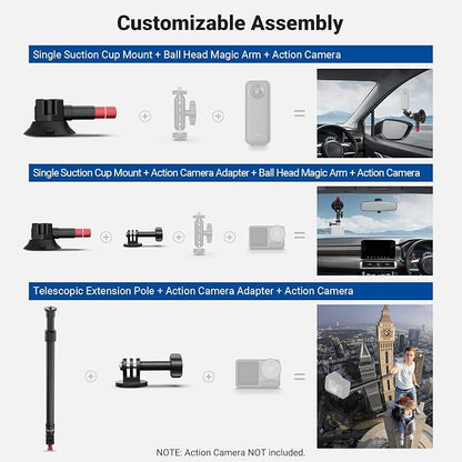 NEEWER Triple Suction Cup Car Mount Kit, Two 24" Aluminum Alloy Extension Poles, NATO Rail, Action Camera Adapter Compatible with GoPro DJI Insta 360, Max Load 2.2 lb, CA166