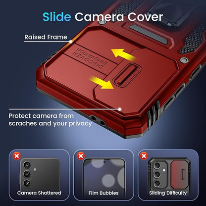 Caka for Samsung Galaxy S24 FE Case [HD Screen Protector] [Full Camera Lens Cover] [360°Rotated Kickstand Ring] [Heavy Duty Protection] Hard Rugged Protective Phone Cover for S24 FE - Red