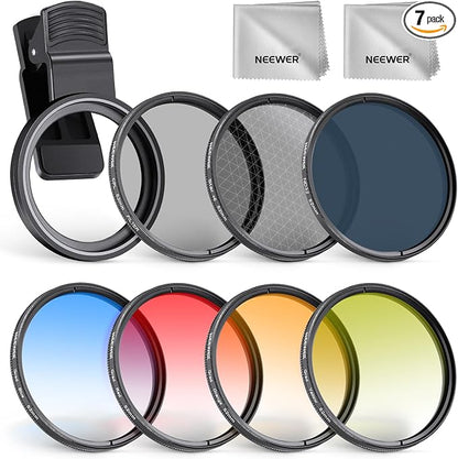NEEWER 52mm 7 Pack ND Filter Set Compatible with iPhone, Clip On CPL+ ND32 + Starlight + GND (Red/Orange/Yellow/Blue) Phone Camera Lens Photography Accessories Kit