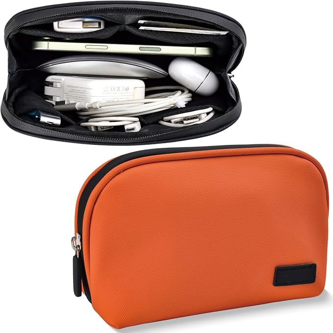 CAAORDKSO Travel Cable Organizer, Electronic Travel Organizer Case, Cord Organizer Bag, Portable Electronic Accessories Case Travel Essentials Tech Pouch for Cord, Charger, Power Bank, Earphone,Orange