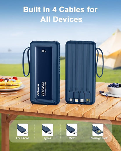 Portable Charger 10000mAh 22.5W Power Bank | Built in 4 Cables, Slim, Fast Charging, USB C LED Display, 6 Outputs & 2 Inputs, Flashlight