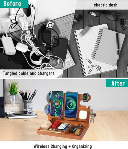 Nightstand Organizer with 4 Wireless Charger for 2 iPhone/Android Phone,Apple Watch,Airpod,Wood Phone Docking Station,27W Fast Wireless Charging Station,Wallet/Key Holder,Gifts for Dad/Men