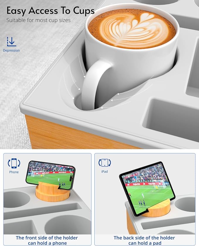 Couch Cup Holder Tray - Couch Organizer Caddy, Silicone Beach Caddy with Cup Holder, Sofa and Bed Drink Holder and Couch Tray Table for Snacks Beverage Remote (Gray)