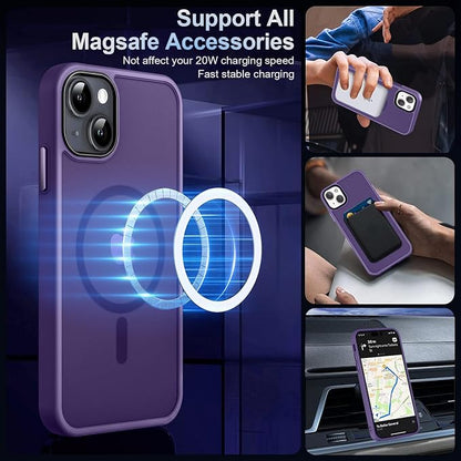 MOCCA Strong Magnetic for iPhone 13 Case, [Compatible with Magsafe][Screen Protector+Camera Lens Protector] Translucent Matte Back Slim Shockproof Case for iPhone 13 Phone Case 6.1", Deep Purple