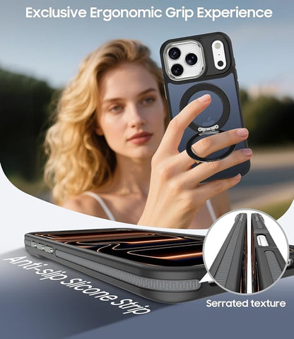 for iPhone 17 Pro Max Case with 360 Magnetic Ring Stand, Fit MagSafe, Military-Grade Shockproof Protection, Non-Slip Slim Translucent Protective Phone Cover, Black