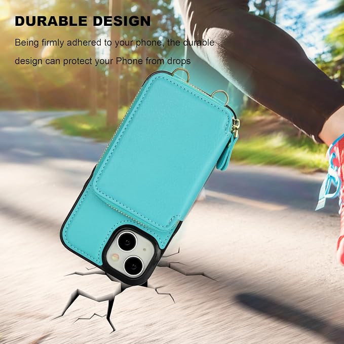 Bocasal RFID Blocking Wallet Case for iPhone 15, Adjustable Crossbody Zipper Purse Case Card Holder with Kickstand Detachable Wrist Strap, PU Leather Flip Folio Case 6.1 Inch 5G (Mint Green)