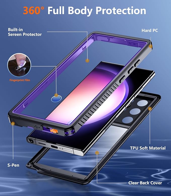 Temdan for Samsung Galaxy S23 Ultra Case,Waterproof Built-in Lens & Screen Protector[Full Body Shockproof][12 FT Military Drop Proof][Dustproof][IP68 Underwater] Case for S23 Ultra 5G 6.8”-Purple