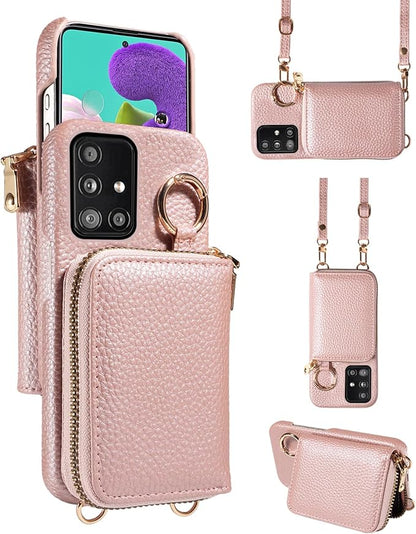 Wallet Case for Samsung Galaxy A51 5G/A 51 5G UW Verizon & Shoulder Strap Ring Buckle PU Leather Zipper Flip Organ Purse Credit Card Holder Stand Full Body Phone Cover for 51A G5 S51 Rose Gold