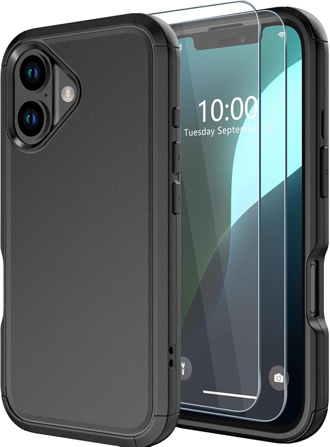 for iPhone 16 Case [Shockproof] [Dropproof] [with Screen Protector ] Heavy Duty Protection Phone Case Cover - Black