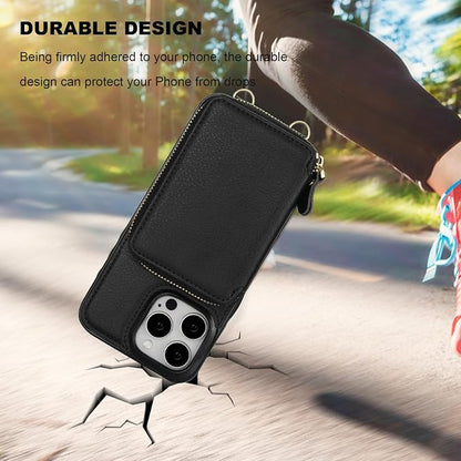Bocasal RFID Blocking Wallet Case for iPhone 15 Pro Max, Adjustable Crossbody Zipper Purse with Kickstand and Detachable Wrist Strap, PU Leather Flip Folio Case 6.7 Inch 5G (Black)