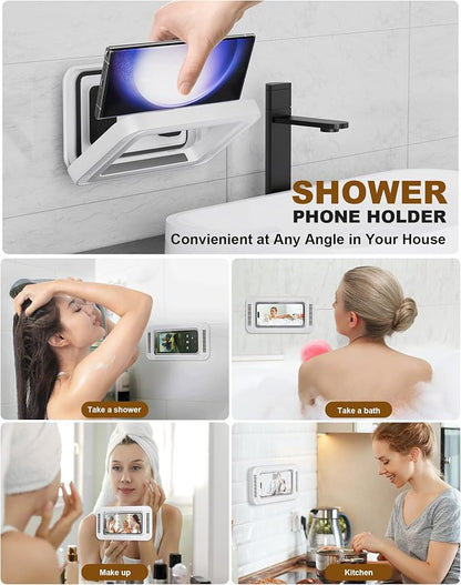Upgraded Shower Phone Holder Waterproof with Speaker Hole Screentouch Shower Phone Stand Case Mount for Bathroom Bathtub Kitchen Wall Mirror for iPhone1716 15 14 13 12 11 Pro XS XR Max (White)