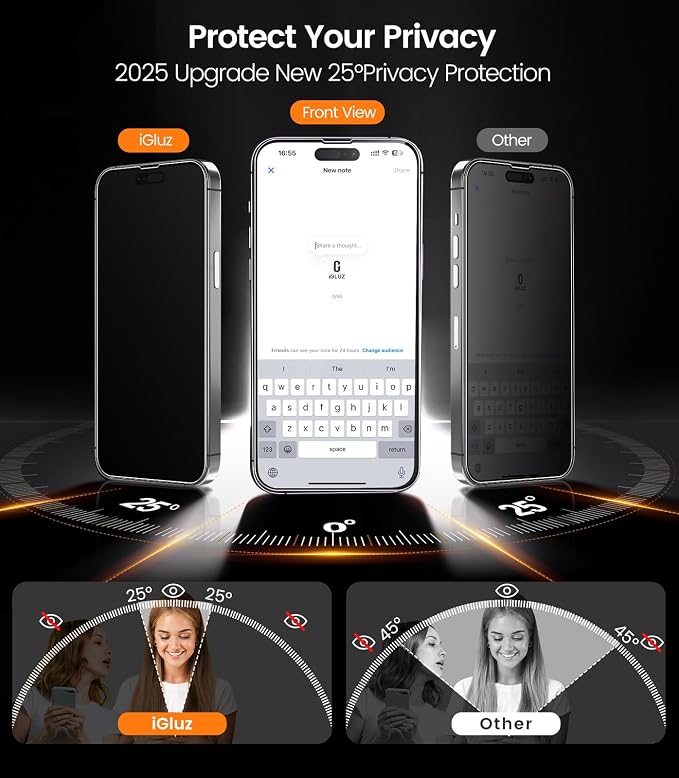 iGluz 4+2 Pack for iPhone 15 Privacy Screen Protector with Camera Lens Protector 6.1 inch,9H+Tempered Glass[12FT Military Grade Shatterproof &100% Anti-Spy],3D Micro-Curved Edges[Longest Durable]