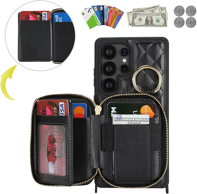 Crossbody Wallet Case for Galaxy S25 Ultra, PU Leather Zipper Handbag Purse Flip Cover, Kickstand Folio Case with Card Slots Holder Wrist Strap Lanyard -Black