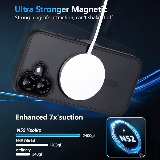 Strong Magnetic Case for iPhone 16 Case [10FT-Grade Drop Tested & Compatible with MagSafe] Translucent Anti-Fingerprint Shockproof Protective Cover 6.1 Inch, Black