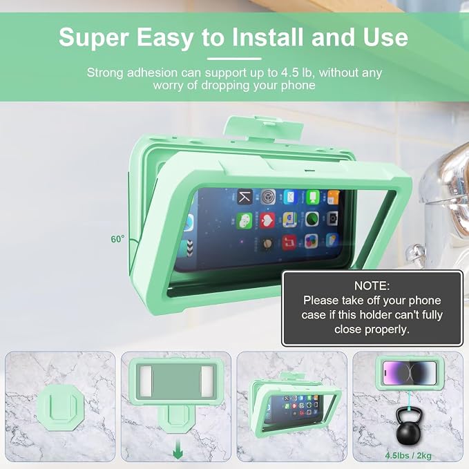 URROY Shower Phone Holder Waterproof, 360° Rotation Shower Phone Case, Anti-Fog High Sensitivity Universal Cover Mount Stand for Bathroom Wall Mirror Bathtub Kitchen, Gift for Men Women Mint Green