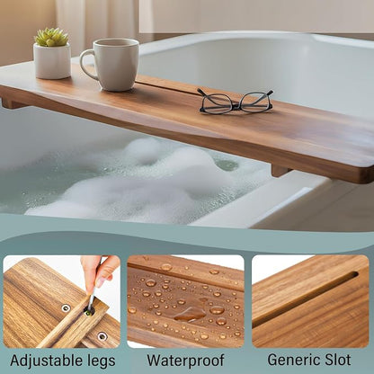 Acacia 1.2" T Wood Bathtub Tray Caddy for Freestanding Tub, 35" L Adjustable Bath Tray for Tub, Luxury Spa Bathroom Tray Organizer Table, Bath Tub Accessories for Women, Housewarming, Birthday Gifts