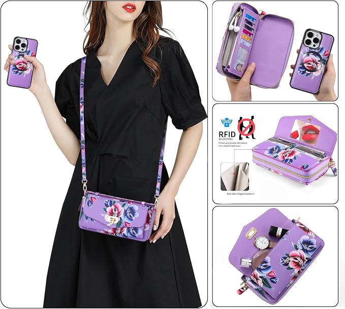 Crossbody Wallet Case for iPhone 16 Pro 6.3", Magnetic Detachable Floral PU Leather Phone Case with RFID Blocking Card Holder Wristlet Mirror Flip Zipper Shoulder Purse Bag for Women - Purple
