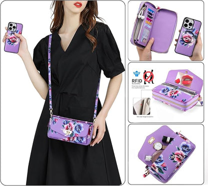 Crossbody Wallet Case for iPhone 16 Pro Max, Magnetic Detachable Floral PU Leather Phone Case with RFID Blocking Card Holder Wristlet Mirror Flip Zipper Shoulder Purse for Wome - Purple
