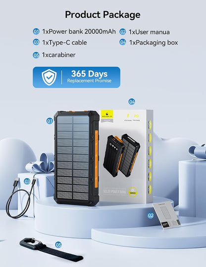 Solar-Charger-Power-Bank - 20000mah Solar Powered Battery Charger Cell Phone,20W Fast Charging Built in Cables,Camping Essentials Portable External Battery Pack Compatible with Multiple Devices