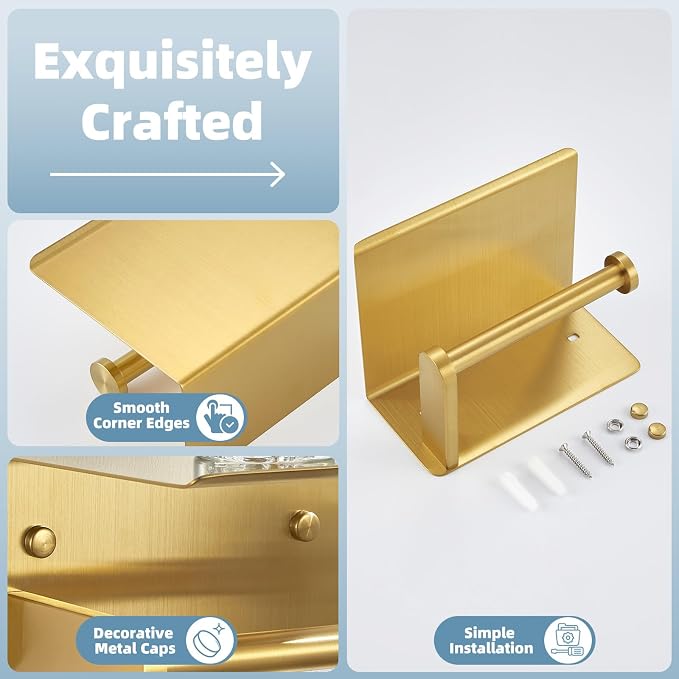 APLusee Brushed Gold Toilet Paper Holder with Shelf, 304 Stainless Steel Wall Mounted Compact Bathroom Tissue Hanger