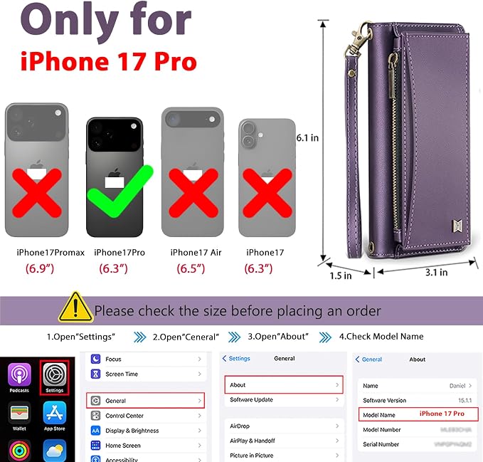Wallet Case for iPhone 17 Pro with Card Holder/Crossbody Wallet/Strap,[RFID Blocking][Magnetic] PU Leather Phone Case for iPhone 17 Pro,6.3 in,Purple