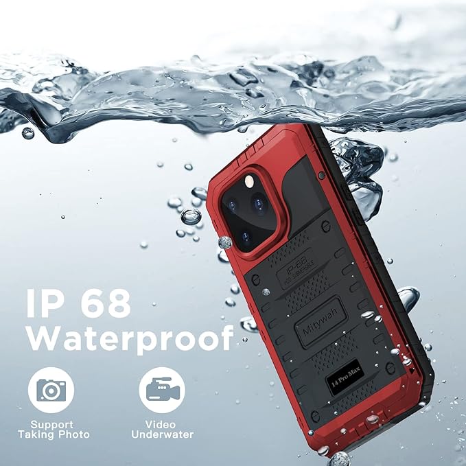Mitywah Waterproof Case for iPhone 14 Pro Max, Heavy Duty Shockproof Case with Built-in Screen Protector, Full Body Underwater Protective Metal Case 6.7 inch, Red