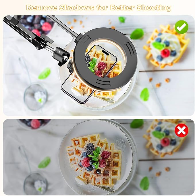 Overhead Camera Mount with Ring Light, Flexible Articulating Phone Arm Stand Compatible with iPhone, Logitech Webcam, Desk Tripod for YouTube Live Stream Cooking Nail Video Recording