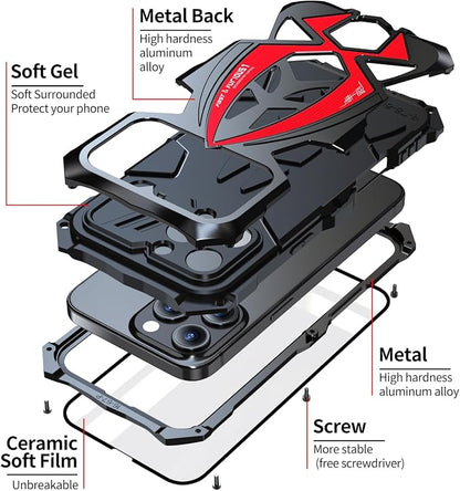 Armor Phone Case for iPhone 16 Pro Max Military Grade Cover 360 Full Protection Heavy Duty Hybrid Metal Bumper Built-in Silicone Shockproof with Screen Protector - Black + Red