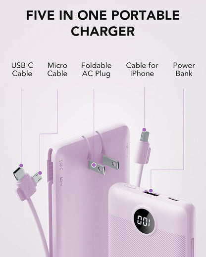 VRURC Portable Charger, Power Bank Built-in Cables and AC Wall Plug | USB C Power Bank 10000mAh Travel Essentials Phone Charger Compact External Battery Pack For Smart Phones, Tablets etc-Purple