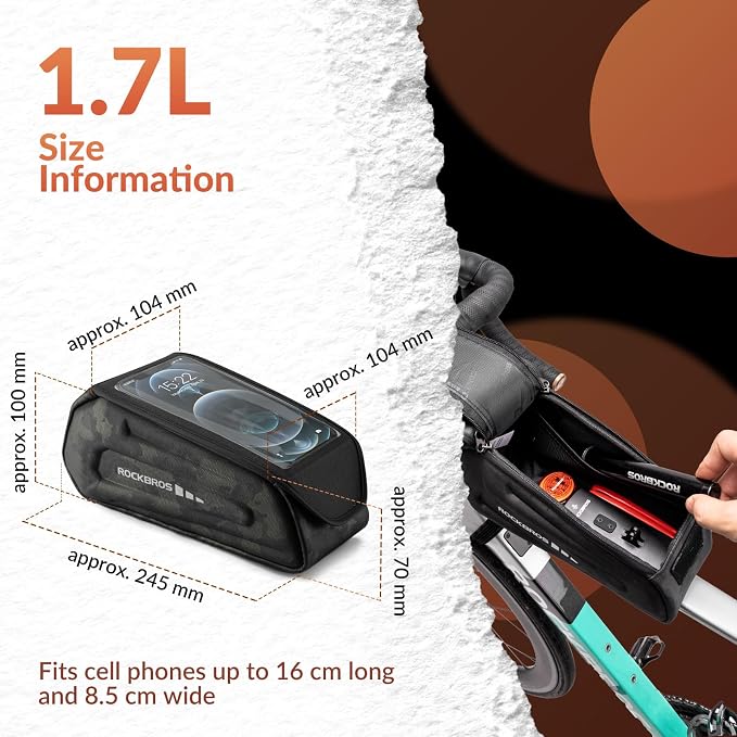 ROCKBROS Bike Phone Mount Racks & Bag, Oversized EVA Waterproof Bike Phone Holder Top Tube Front Frame Bag Bicycle Accessories Pouch for Phones Under 7.5” (Camo-1.7L(Flip-top design))