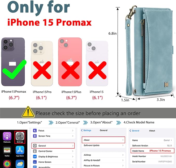 Wallet Case for iPhone 15 Pro Max with Card Holder/Crossbody Wallet/Strap| RFID Blocking | Magnetic | Kickstand | Detachable | PU Leather Phone Case for iPhone 15 Pro Max,6.7 in,Blue