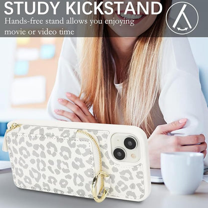 Crossbody Wallet Case for iPhone 14, PU Leather Zipper Handbag Purse Flip Cover, Kickstand Folio Case with Card Slots Holder Wrist Strap Lanyard 5G 6.1 Inch-White Leopard
