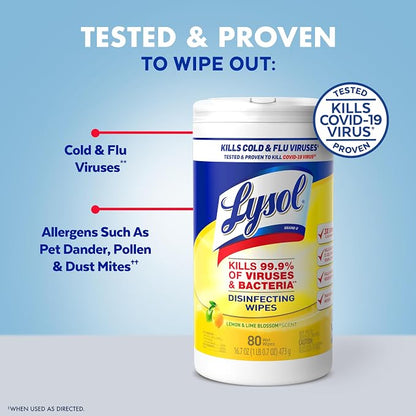 Lysol Disinfecting Wipes Bundle, Home Apartment Dorm Room Essentials and Cleaning Supplies, All Purpose Cleaner, Multi-surface Cleaning Wipes, Lemon and Lime Sanitizing Wipes Bundle, 80 Count