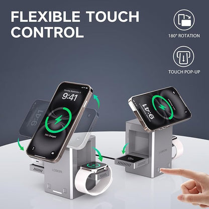 LOBKIN 3 in 1 Wireless Charging Station for Apple Multiple Devices, 15W Fast Foldable Magnetic Charger Stand for iPhone 16 15 14 13 12 Pro Max, Apple Watch Series 10/9/8/Ultra, AirPods - Silver