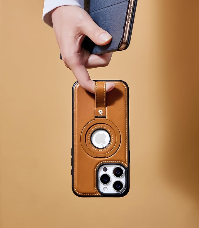for iPhone 13 Pro Leather Case with Stand, Anti-Slip Grip Ring, Fits for MagSafe (Brown, iPhone 13 Pro)