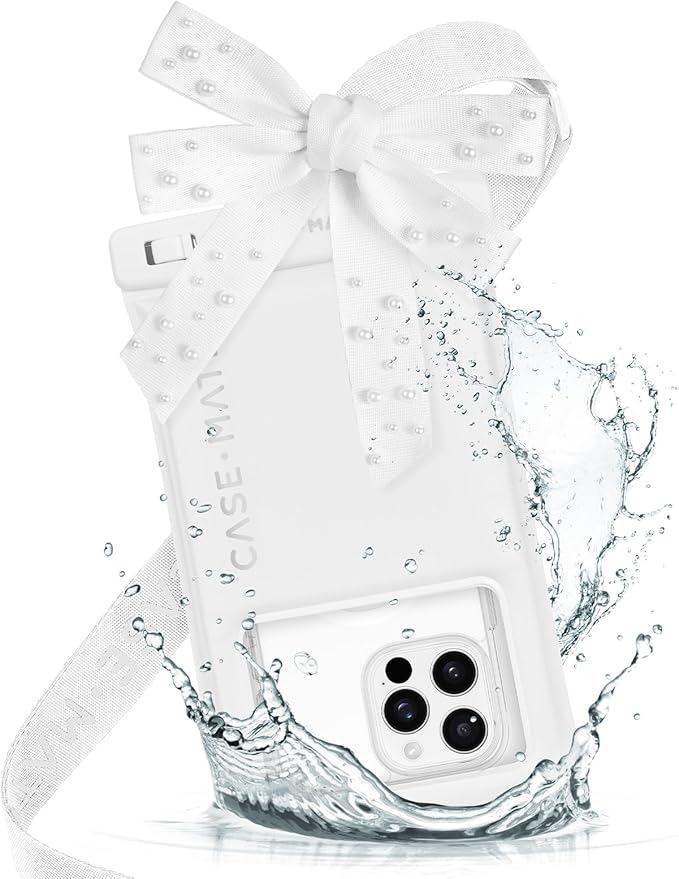 Case-Mate IP68 Waterproof Large Phone Pouch with Bow Design - Travel Beach Cruise Ship Essentials - Floating Phone Case with Crossbody Lanyard for iPhone 17 Pro Max/16 Pro/15/14/13/ S26 - Ivory Pearl