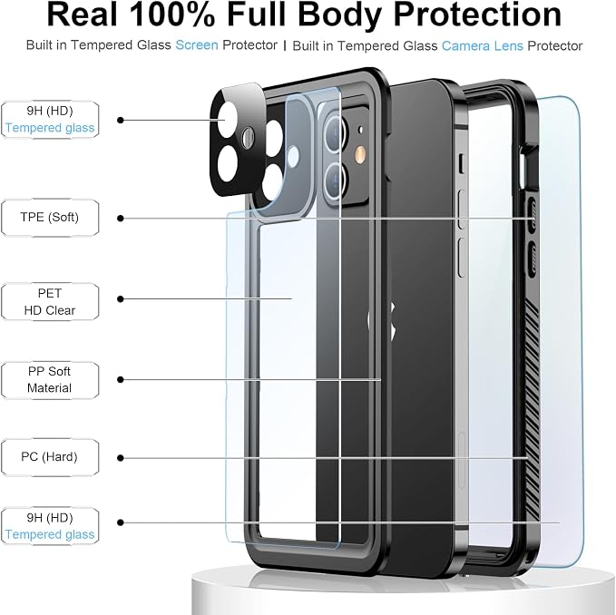 Temdan for iPhone 12 Case for iPhone 12 Pro Case, [12 FT Military Grade Drop Protection] with 2 Pack [Glass Screen Protector+ Camera Lens Protector] Non-Slip Shockproof Case,Black